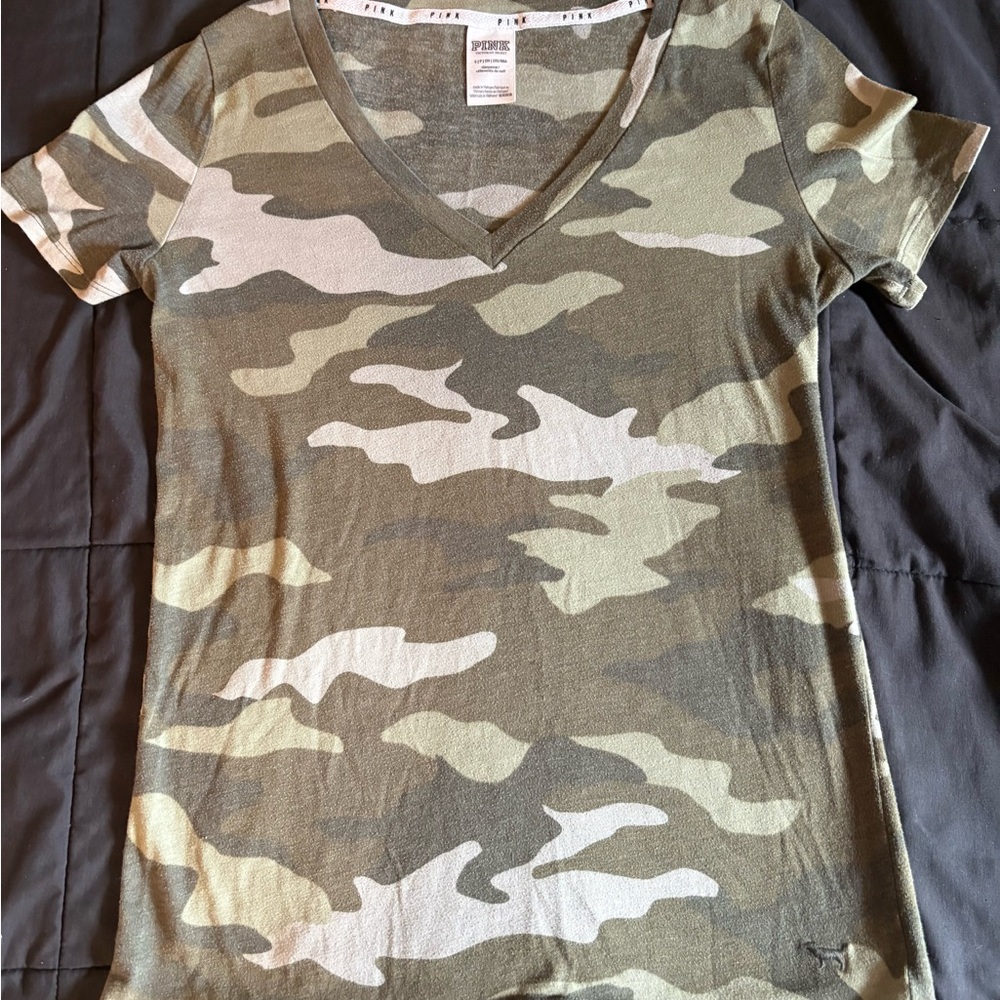 PINK Victoria's Secret Olive Camouflage V-Neck Tee